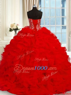 Fitting Red Lace Up Sweetheart Beading and Ruffles Sweet 16 Dress Organza Sleeveless Brush Train
