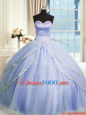 Wonderful Tulle Sweetheart Sleeveless Brush Train Zipper Beading and Appliques Sweet 16 Dresses in Lavender