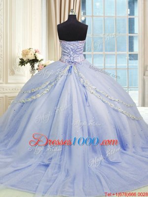 Wonderful Tulle Sweetheart Sleeveless Brush Train Zipper Beading and Appliques Sweet 16 Dresses in Lavender