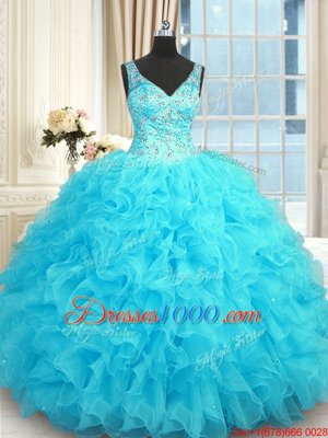 Cute Floor Length Baby Blue Quinceanera Dresses V-neck Sleeveless Zipper