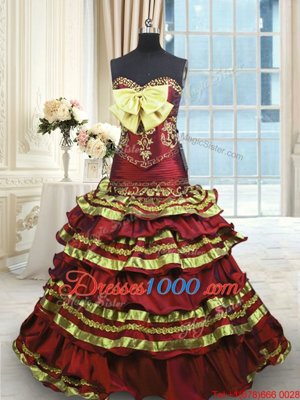 Fashion Wine Red A-line Taffeta Sweetheart Sleeveless Appliques and Embroidery and Ruffled Layers and Bowknot Lace Up Quinceanera Gowns Sweep Train