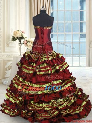 Fashion Wine Red A-line Taffeta Sweetheart Sleeveless Appliques and Embroidery and Ruffled Layers and Bowknot Lace Up Quinceanera Gowns Sweep Train