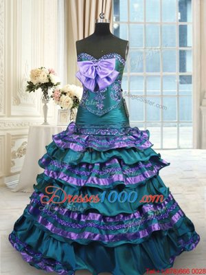 Peacock Green Quinceanera Gowns Taffeta Sweep Train Sleeveless Appliques and Ruffled Layers and Bowknot