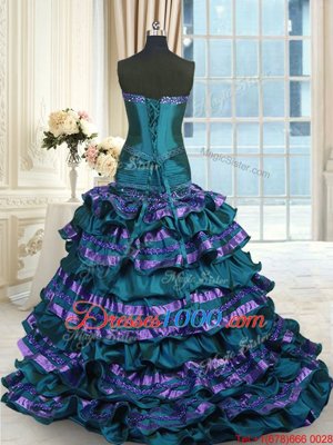 Peacock Green Quinceanera Gowns Taffeta Sweep Train Sleeveless Appliques and Ruffled Layers and Bowknot