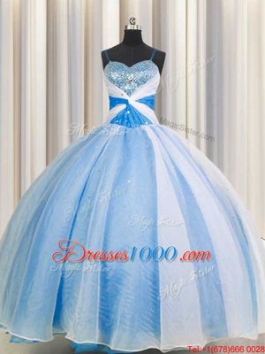Stylish Baby Blue Ball Gowns Spaghetti Straps Sleeveless Chiffon Floor Length Lace Up Beading and Sequins and Ruching Quinceanera Dresses