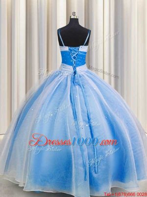 Stylish Baby Blue Ball Gowns Spaghetti Straps Sleeveless Chiffon Floor Length Lace Up Beading and Sequins and Ruching Quinceanera Dresses