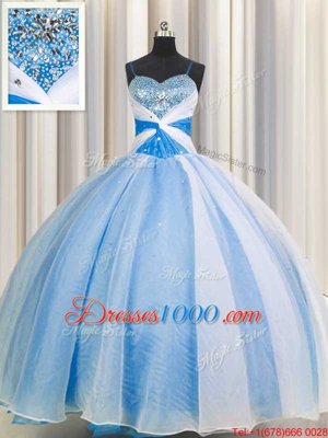 Stylish Baby Blue Ball Gowns Spaghetti Straps Sleeveless Chiffon Floor Length Lace Up Beading and Sequins and Ruching Quinceanera Dresses