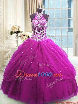 Tulle High-neck Sleeveless Lace Up Beading Sweet 16 Quinceanera Dress in Fuchsia