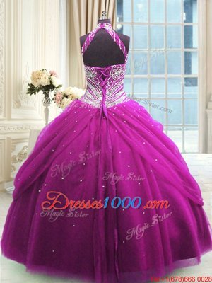 Tulle High-neck Sleeveless Lace Up Beading Sweet 16 Quinceanera Dress in Fuchsia