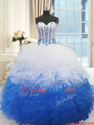 Blue And White Organza Lace Up Sweetheart Sleeveless Floor Length Sweet 16 Quinceanera Dress Beading and Ruffles