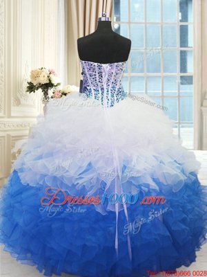 Blue And White Organza Lace Up Sweetheart Sleeveless Floor Length Sweet 16 Quinceanera Dress Beading and Ruffles