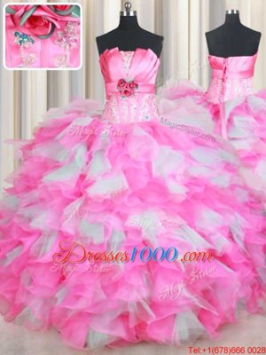 Organza Strapless Sleeveless Lace Up Beading and Ruffles and Hand Made Flower Vestidos de Quinceanera in Pink And White