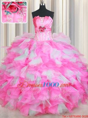 Organza Strapless Sleeveless Lace Up Beading and Ruffles and Hand Made Flower Vestidos de Quinceanera in Pink And White