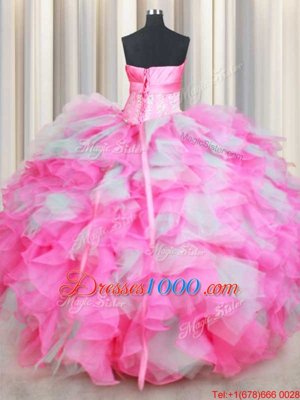 Organza Strapless Sleeveless Lace Up Beading and Ruffles and Hand Made Flower Vestidos de Quinceanera in Pink And White
