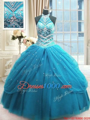 Baby Blue Sleeveless Floor Length Beading Lace Up Quince Ball Gowns