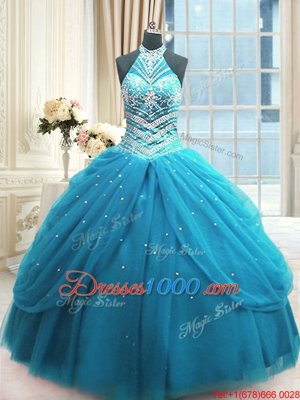 Baby Blue Sleeveless Floor Length Beading Lace Up Quince Ball Gowns