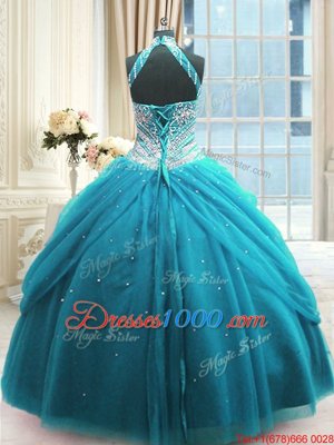 Baby Blue Sleeveless Floor Length Beading Lace Up Quince Ball Gowns