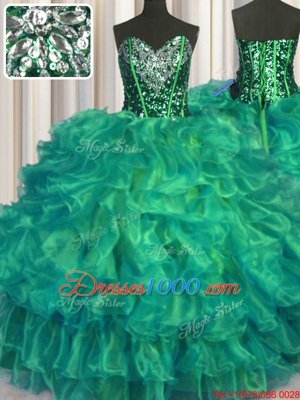 Turquoise Sweetheart Lace Up Beading and Ruffles Ball Gown Prom Dress Sleeveless