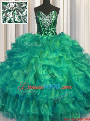 Turquoise Sweetheart Lace Up Beading and Ruffles Ball Gown Prom Dress Sleeveless