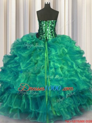 Turquoise Sweetheart Lace Up Beading and Ruffles Ball Gown Prom Dress Sleeveless