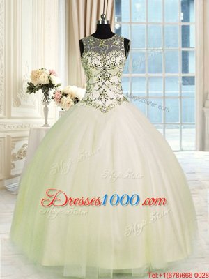 Scoop Floor Length Champagne Vestidos de Quinceanera Tulle Sleeveless Beading