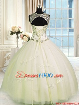 Scoop Floor Length Champagne Vestidos de Quinceanera Tulle Sleeveless Beading