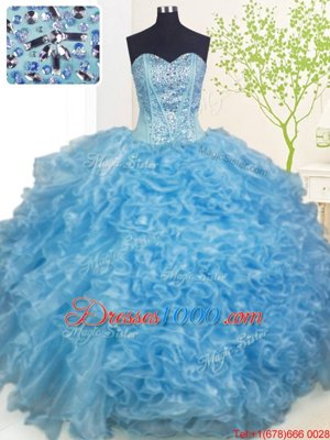 Baby Blue Ball Gowns Organza Sweetheart Sleeveless Beading and Ruffles and Pick Ups Floor Length Lace Up 15th Birthday Dress