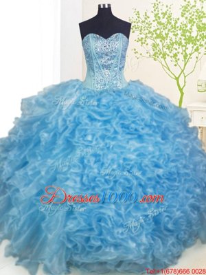 Baby Blue Ball Gowns Organza Sweetheart Sleeveless Beading and Ruffles and Pick Ups Floor Length Lace Up 15th Birthday Dress