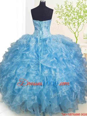 Baby Blue Ball Gowns Organza Sweetheart Sleeveless Beading and Ruffles and Pick Ups Floor Length Lace Up 15th Birthday Dress