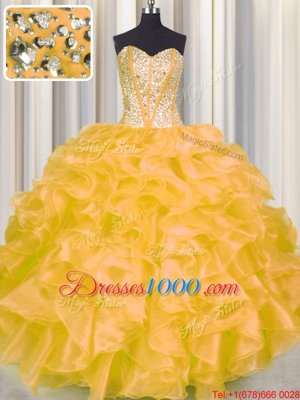 Gold Organza Lace Up Sweetheart Sleeveless Floor Length Quinceanera Gown Beading and Ruffles