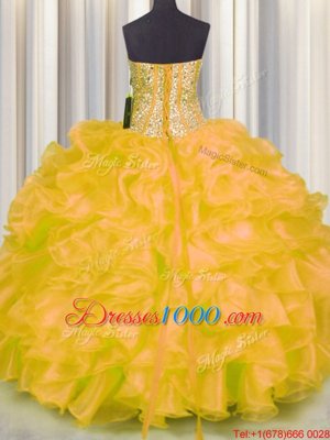 Gold Organza Lace Up Sweetheart Sleeveless Floor Length Quinceanera Gown Beading and Ruffles
