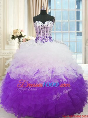 Pretty White And Purple Lace Up Sweetheart Beading and Ruffles Sweet 16 Dresses Organza Sleeveless