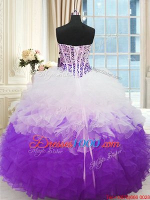 Pretty White And Purple Lace Up Sweetheart Beading and Ruffles Sweet 16 Dresses Organza Sleeveless