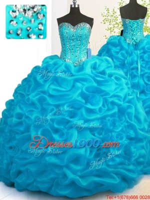 Glamorous With Train Ball Gowns Sleeveless Aqua Blue 15th Birthday Dress Brush Train Lace Up