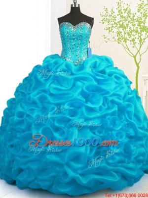 Glamorous With Train Ball Gowns Sleeveless Aqua Blue 15th Birthday Dress Brush Train Lace Up