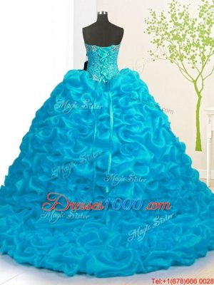 Glamorous With Train Ball Gowns Sleeveless Aqua Blue 15th Birthday Dress Brush Train Lace Up