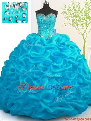 Glamorous With Train Ball Gowns Sleeveless Aqua Blue 15th Birthday Dress Brush Train Lace Up