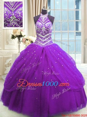 Most Popular Purple High-neck Neckline Beading Sweet 16 Dresses Sleeveless Lace Up