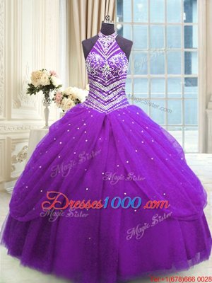 Most Popular Purple High-neck Neckline Beading Sweet 16 Dresses Sleeveless Lace Up