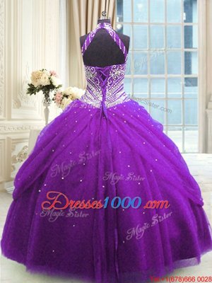 Most Popular Purple High-neck Neckline Beading Sweet 16 Dresses Sleeveless Lace Up