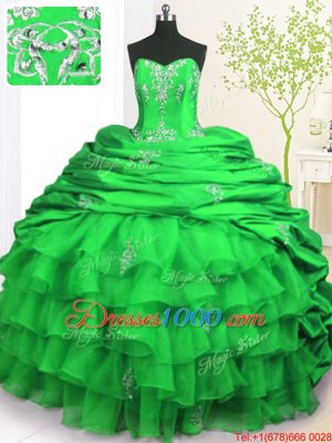 Pick Ups Ruffled With Train Ball Gowns Sleeveless Green 15th Birthday Dress Brush Train Lace Up