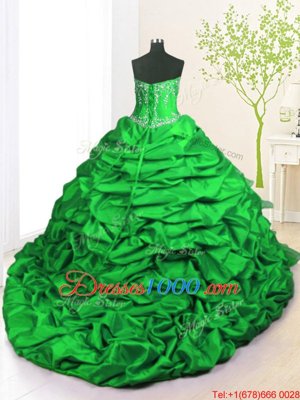 Pick Ups Ruffled With Train Ball Gowns Sleeveless Green 15th Birthday Dress Brush Train Lace Up