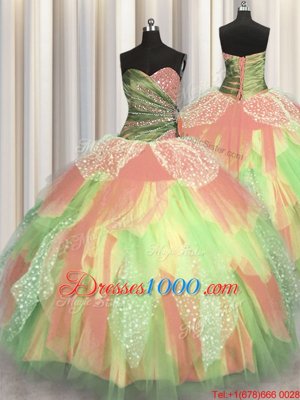 Most Popular Sleeveless Floor Length Beading and Ruching Lace Up Vestidos de Quinceanera with Multi-color