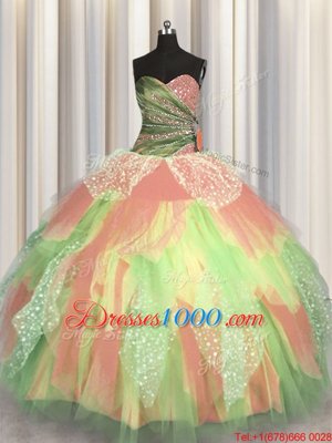 Most Popular Sleeveless Floor Length Beading and Ruching Lace Up Vestidos de Quinceanera with Multi-color