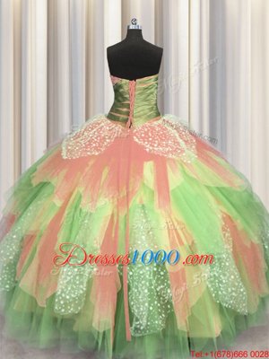 Most Popular Sleeveless Floor Length Beading and Ruching Lace Up Vestidos de Quinceanera with Multi-color