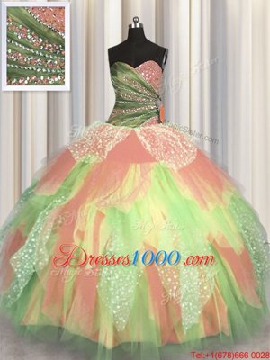 Most Popular Sleeveless Floor Length Beading and Ruching Lace Up Vestidos de Quinceanera with Multi-color