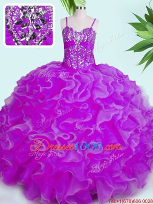 Fuchsia Lace Up Spaghetti Straps Beading and Ruffles Ball Gown Prom Dress Organza Sleeveless