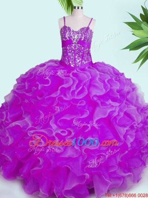 Fuchsia Lace Up Spaghetti Straps Beading and Ruffles Ball Gown Prom Dress Organza Sleeveless