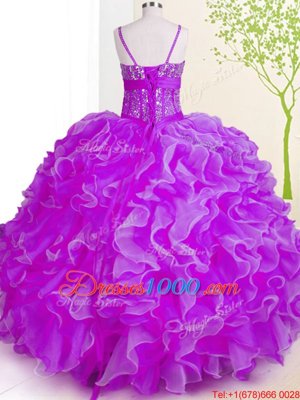 Fuchsia Lace Up Spaghetti Straps Beading and Ruffles Ball Gown Prom Dress Organza Sleeveless