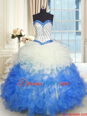 Floor Length Blue And White Sweet 16 Quinceanera Dress Organza Sleeveless Beading and Ruffles